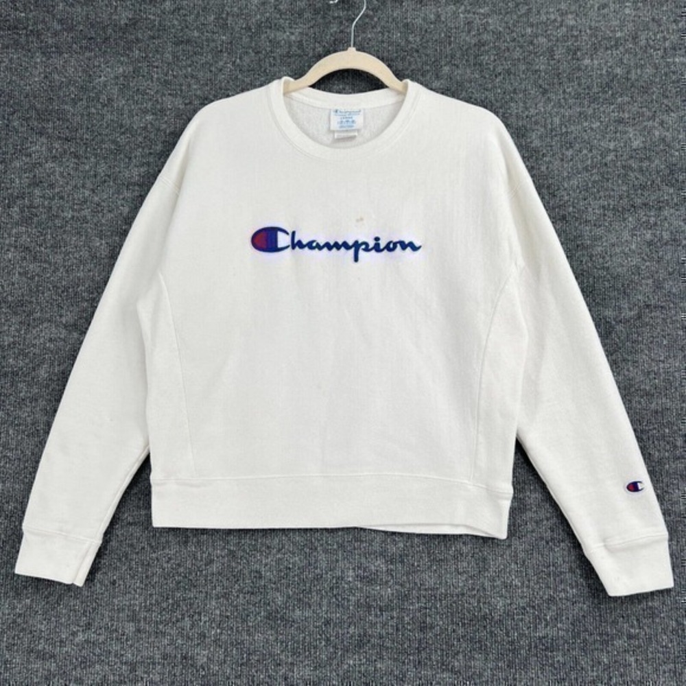 Champion Reverse Weave Sweatshirt Adult Large White Spellout Crewneck Pullover